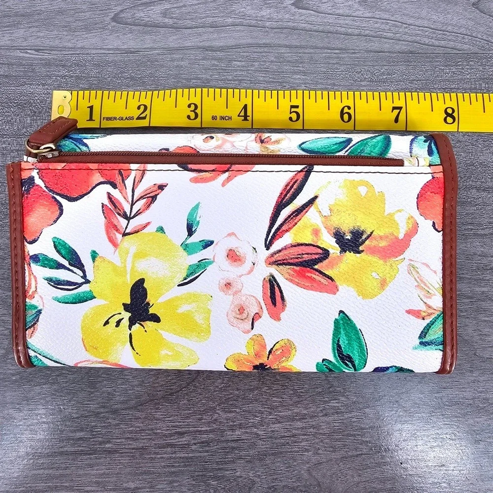 St Johns Bay Floral Continental Wallet White Yellow Blue Faux Leather Snap Flap